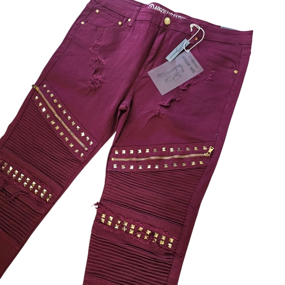 Men's Argonaut Nation Burgundy Studded Moto Jeans – Size 42x32 - Picture 2 of 12
